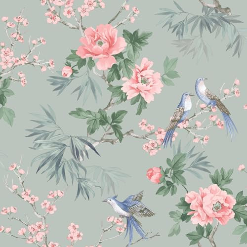 SOPHIE LAURENCE Chinoiserie Wallpaper, Sage Green, Floral and Birds Nature Design, Elegant Wall Paper for Bedroom, Living Room Decor, Washable Wall Covering, 10m Roll for Interior Design