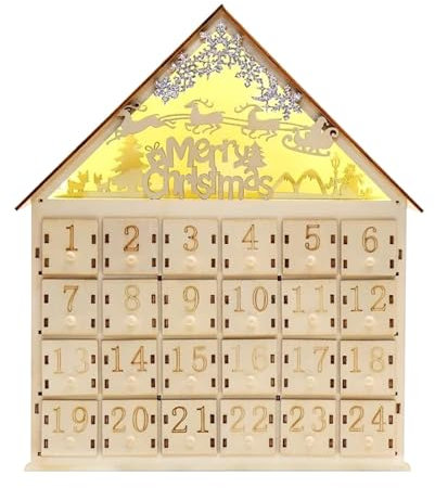 Calendriers de l'Avent en bois avec tiroirs,Calendriers de l'Avent en bois - Calendrier de compte à rebours de Noël de 24 jours, lumières LED, décoration de maison d'élan - Boîte de l'Avent Noël, déco