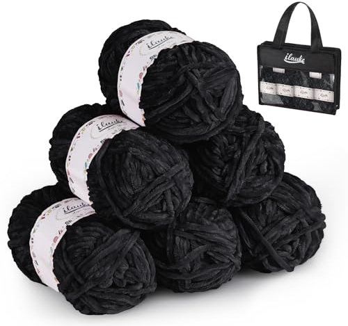 ilauke 6 x 50 g (6 x 70 m) Chenille Garn, Wolle Chenille zum Häkeln mit Nadeln mit Häkelzubehör und Handtasche, Plüschwolle zum Häkeln für Kuscheltiere, Decken, Taschen, Pullover, DIY, Schwarz