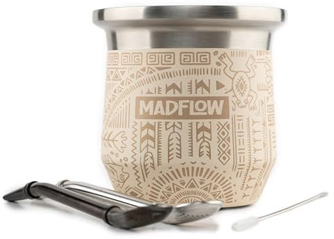 MADFLOW Taza de yerba mate de acero inoxidable con 2 bombas. Calabaza Yerba Mate con aislamiento al vacío de doble pared. Juego único de taza mate y bombilla