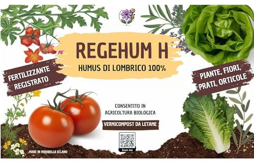 Concime Humus di lombrico 100% uso biologico italiano - Fertilizzante Naturale, Terriccio, Concime per Piante, Fiori e Orto Regehum H – Micronizzato per Giardino e Piante – Inodori (0,1 lt - 50 gr.)