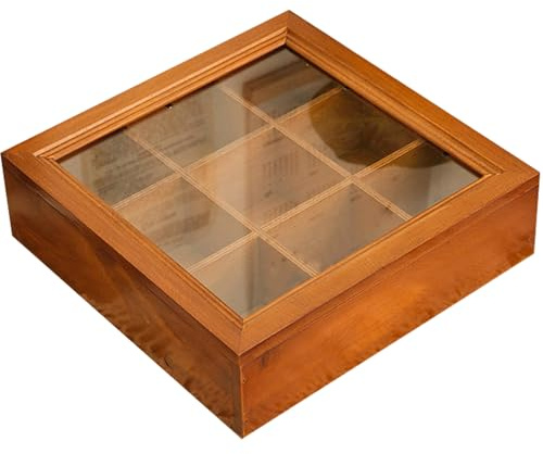 QUSHEJIAND Aufbewahrungsbox aus Holz, 9 Fächer, quadratisch, transparent, Acrylkoffer zur Aufbewahrung und Organisation von Kaffee, Tee, Zucker, Gewürzen (24 x 24 x 7 cm)