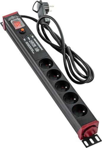 SABAJ Steckdosenleiste 19 Zoll mit Schalter – 5 flache Steckdosen Typ E – 2 m 230 V – 360 Zoll drehbar – LED Lichtschutzschalter und Überspannungsschutz – Wandmontage, Universal – Aluminium