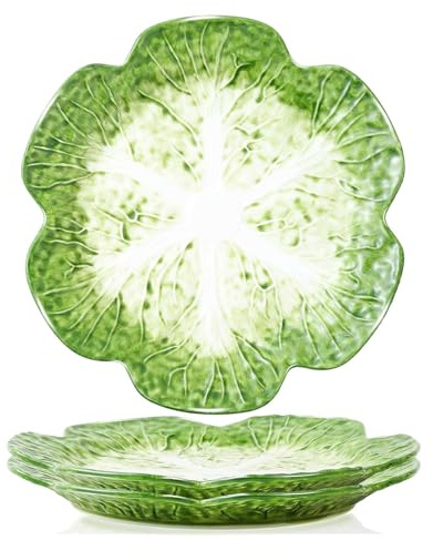 KXZ 2 Pcs of Cabbage Plates, Green Ceramic Salad Plate, 10.5 Inch Porcelain Decorative Plates for Kitchen, Round dishware for Dessert, Decorative, Dinner, Pancakes, Microwave & Dishwasher Safe
