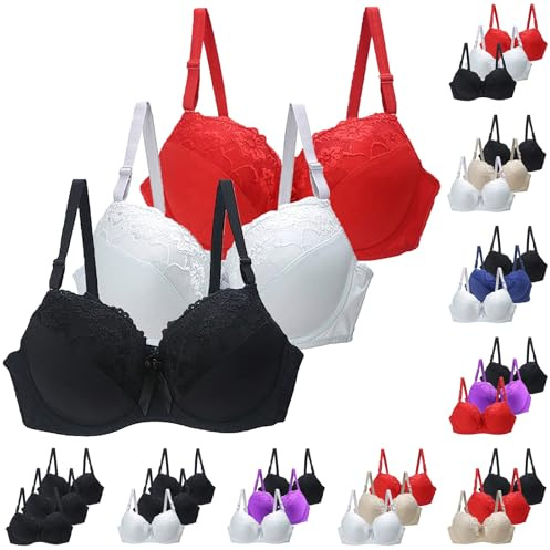 CSWH 3er Pack BHS Damen mit Bügel Push Up Sexy Spitzen-BH Frauen Starker Halt Große Brüste Klassische BH Set Bequemer Unterwäsche Bra mit verstellbarem für Alltag