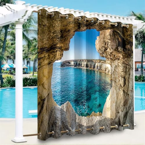 Hiseng Outdoor Vorhänge Wetterfest mit Ösen Oben und Unten, 3D Meerblick Muster wasserdichte Outdoorvorhänge 1 Stück Verdunkelungsvorhang Sichtschutz Vorhang für Garten (Meerblick,132x182cm)