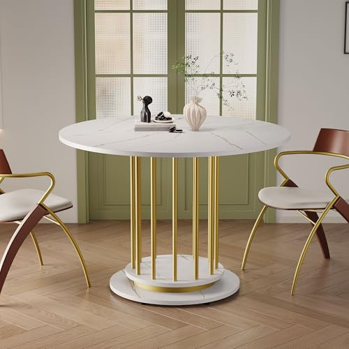 Soweiz Esstisch rund 110 cm, Modernes Design Metallgestell Runder Esstisch mit Marmoroptik, Platzsparender Küchentisch für 2–4 Personen, Esszimmer oder Wohnzimmer (Weiß+Gold)