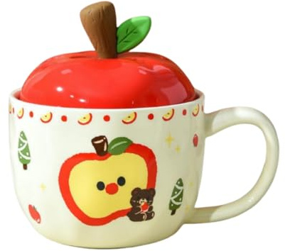 HUMOCHUSON Aislante Bebidas Taza De Cerámica Para Leche De Desayuno Con Forma De Manzana De 420 Ml Con Tapa