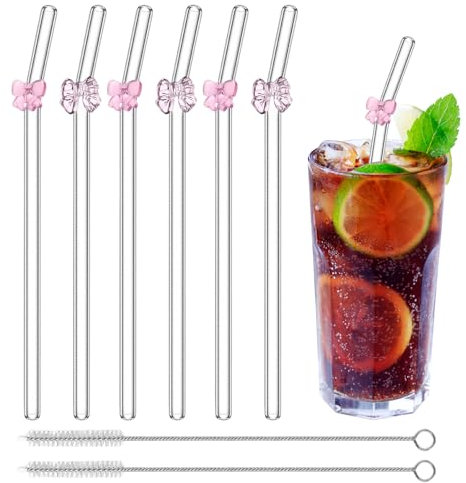 Glass Straws Drinking, Set of 6 with 2 Cleaning Brushes, Reusable Glass Straw with Bow Charms for Smoothies, Cocktails, and Beverages (Pink)