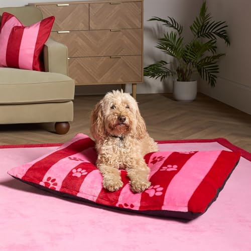 OHS Dog Bed Mattress Candy Stripe Paw Print, Soft Warm Pet Bed for Small Dogs Cats Anti Slip Bottom Washable Dog Beds Anti-Anxiety Calming Dogs Mat Pillow, Pink/Red - 80 x 60cm