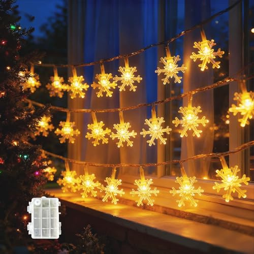 LED Lichterketten Schneeflocke, 6M 40LED Batteriebetriebene Lichterketten,Weihnachten Schneeflocke Lichterkette,2 Modi für Innen-Außen-Hochzeitsfeier Neujahr Garten Weihnachtsdekoration (Warmweiß)