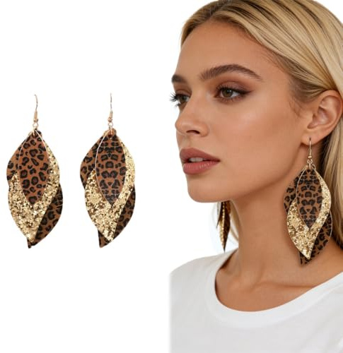 VYNZOR Leopardenmuster Ohrringe Damen, Boho Leder Ohrhänger mit Federdesign, Leichte Lederohrringe für Karneval, Geschenkidee für Muttertag Valentinstag