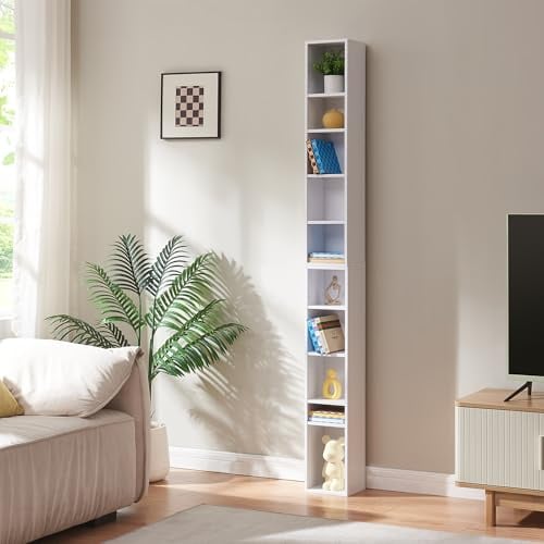 [en.casa] CD Regal Tynset DVD Regal mit 10 Ablagefächern CD Aufbewahrung 187 x 20 x 17 cm Standregal höhenverstellbare Regalböden Weiß