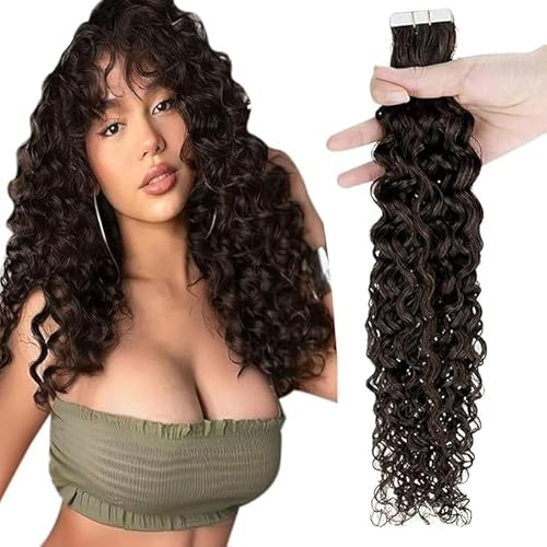 RUNATURE Tape Extensions Echthaar Braun Menschliches Haar Tape in Extensions Echthaar 40cm 20pcs Unsichtbare Extensions Echthaar Tape Locken Dunkelbraun Locken 50g #2-NW