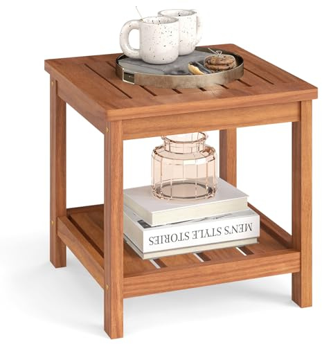 COSTWAY Tavolino Laterale da Esterno a 2 Livelli in Legno Massello | Tavolino da Caffè Quadrato in Stile Rustico con Ripiano Portaoggetti per Patio, Giardino, Veranda e Soggiorno