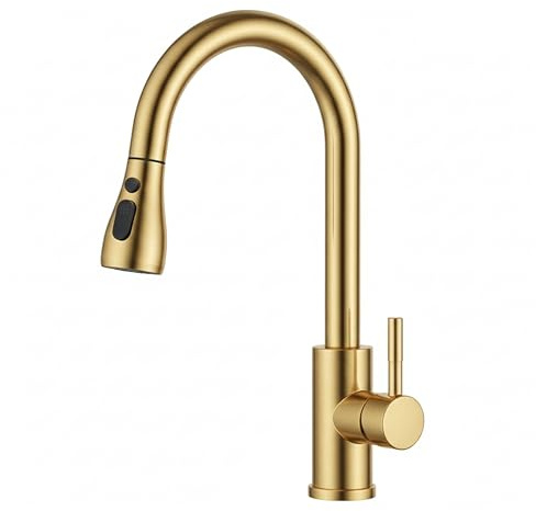 MELTA.® Robinet Cuisine Or Brossé Douchette Extractible Pivotant 360° – Mitigeur Cuisine Évier Arc Élevé en Acier Inoxydable, Robinet Flexible avec 3 Modes Jet, Tête Pulvérisation Extractible