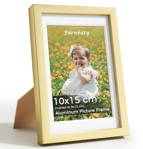 Furnbuty Bilderrahmen Gold, Aluminium Bilderrahmen 10x15, Fotorahmen für 9x13cm mit oder 10x15cm ohne Passepartout, Tisch- und Wandrahmen, für Fotos, Kunstdrucke, Postkarten,Wohndeko