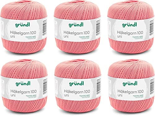Gründl Crochet Yarn 100 Uni (filato di cotone mercerizzato per uncinetto in 100% cotone, 100 g / 566 m, misura dell'ago: 1,5-2, 6 x 100 g), salmone, 30 x 21 x 11 cm