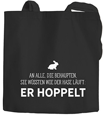 Jutebeutel an alle die wissen wie der Hase läuft er hoppelt Spruch Baumwolltasche Stoffbeutel Tragetasche Moonworks® schwarz 2 lange Henkel