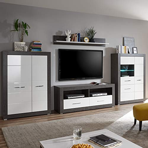 Lomadox Wohnzimmer Wohnwand Set in Hochglanz weiß mit Beton dunkel Nb, mit LED-Beleuchtung