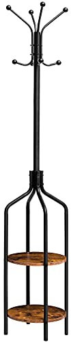 HOOBRO Coat Rack, Coat Stand with 2 Shelves and 8 Hooks, Hall Tree, Free Standing Clothes Stand for Hats, Backpacks, Umbrellas, Hallway, Porch, Metal Frame, Industrial, Rustic Brown EBF81YM01