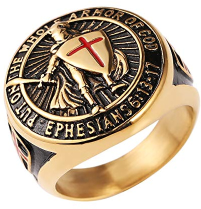 HZMAN Bague chevaliers Templiers pour homme Éphésiens 6:13-17 Croix rouge Design Bague en acier inoxydable Bijoux Cadeau