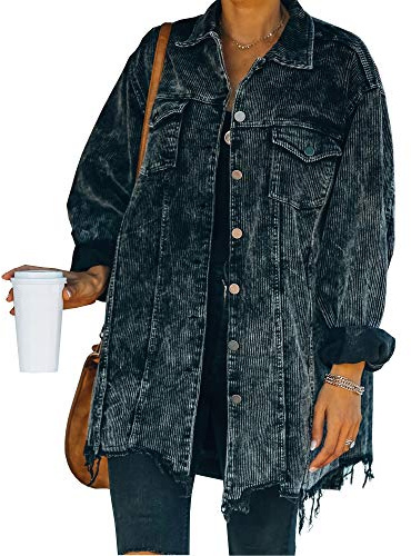 Hixiaohe Women's Casual Oversized Button Down Corduroy Shirt Jacket Coat Washed Retro Shacket (Black, M)
