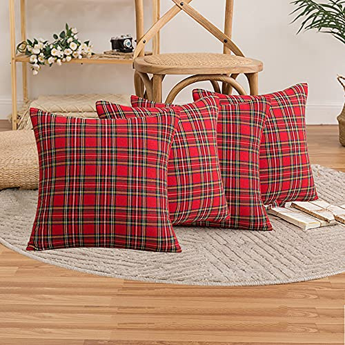 Set of 2 Scottish Decorative Cushion Covers Red Tartan Check Cushion Covers with Hidden Zip for Sofa Bedroom Living Room Car 45 x 45 cm