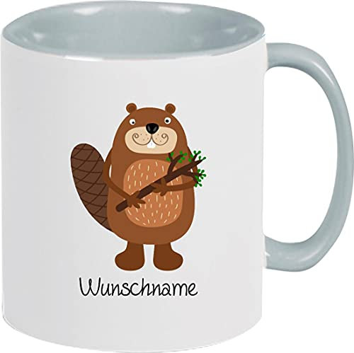 Shirtinstyle Kindertasse, lustige Tiere Biber mit Wunschnamen, Tasse Pott Kaffeetasse Teetasse Logo, Spruch, Spruch, Motiv, Farbe grau