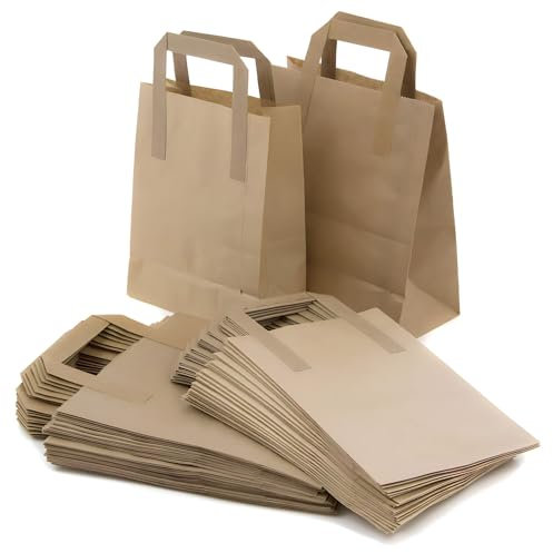 250 sacchetti da asporto in carta kraft marrone SOS sacchetti per alimenti con manici, ecologici, sicuri, per feste, da asporto, bar, ristorante, shopping, pranzo, picnic, durevoli e biodegradabili (M