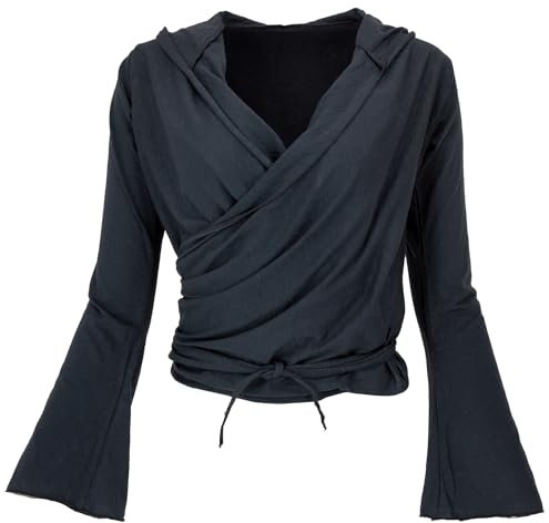 GURU SHOP Wickelshirt, Yogashirt, Langarmshirt mit Trompetenärmeln - Schwarz, Damen, Baumwolle, Size:M