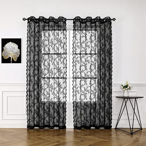 Schwarze Spitzenvorhänge für Schlafzimmer, 239.7 cm lang, Vintage-Stil, französische Blumenstickerei, durchscheinender Voile-Vorhänge, strapazierfähiger Rosen-Spitzenstoff, 140.7 cm breit, 2 Paneele