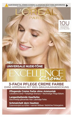 L'Oréal Paris Permanente Haarfarbe für jeden Hautton, Coloration ohne Ammoniak, Universale Nude-Töne mit vollständiger Grauhaarabdeckung, Excellence Creme, Nr. 10U Lichtblond (Blond), 1 Stück