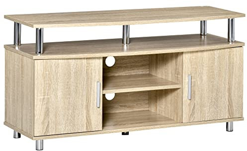 HOMCOM Mobile TV Moderno con 2 Ripiani, Fori Passacavi e 2 Armadietti, Mobiletto Basso per TV Fino 45, Quercia, 105x40x55cm