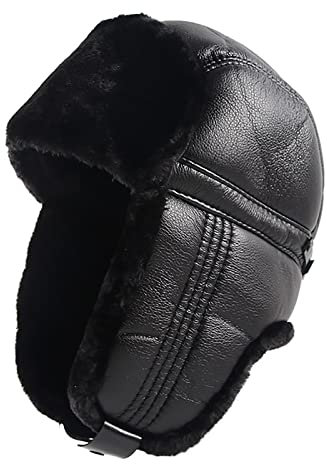 WHSPORT Unisex Leder Trappermütze Bomber Hut Fliegermütze Ohrenschützer Fellmütze Warme Kunstfell Russische Mütze Pilotenmütze (Color : Black, Size : 59-60CM/23.22-23.62IN)