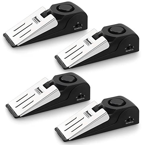 Rosoenvi 4 Pack Door Stop Alarm, Door Stopper with 120DB Security Alarm, Floor Wedge Door Stop Siren, Door Security Devices for Traveling, Apartment, Hotel and Home, Black