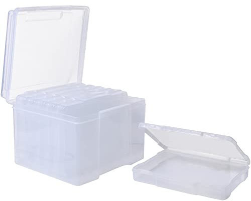 Große Foto Aufbewahrungs Organizer Box, Fotoaufbewahrungsbox Kunststoff mit 6 Fotohüllen, Transparent Fotoboxen mit Deckel, Container Case Rezeptkarten Werkzeuge Bastelarbeiten Sortierbox, 20x14.5x3cm