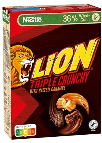 Nestlé Lion Triple Crunchy, knusprige Frühstücks-Cerealien in Churros-Form mit Milchschokolade & Salted Caramel, 36 % Vollkornanteil, 1er Pack (1x300g)
