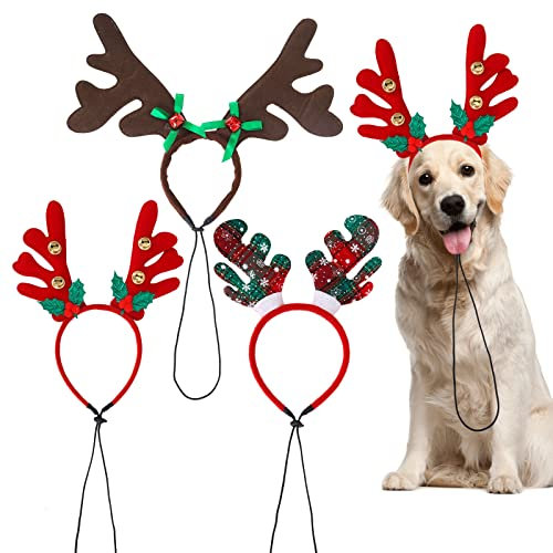 3 Stück Weihnachten Haustier Kopfbedeckung, Weihnachten Rentier Hund Stirnband Xmas Haar Schleife Fancy Kopfschmuck Urlaub Haustier Kostüm Accessoire für Katze und Welpe