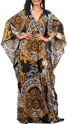 Bsubseach Plus Size Caftan Dresses for Women Swimsuit Cover Up Batwing Sleeve Summer Maxi Kaftan Dress Black Yellow