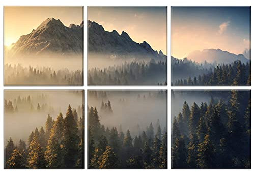 Panneaux acoustiques d'art, 6 pièces adhésives grandes peintures murales décoration murale panneaux insonorisants pour studio d'enregistrement salon chambre 183 x 122 cm(Misty Forest)