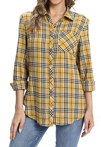 fuinloth Chemisiers et Blouses Femme Chemise en Flanelle Légère à Carreaux et Manches Longues Shirt élégant Tunique avec Poches Jaune L 40-42