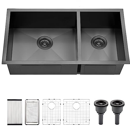 33 Inch Black Undermount Double Bowl Kitchen Sink, Dorzom 33 x 17 x 9” Gunmetal Black Double Bowl 60/40 18 Gauge Stainless Steel Right Angle Undermount Kitchen Sink H004B-331709