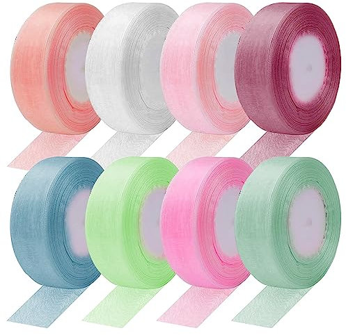 8 Rollen Organzaband, Vegena Geschenkband Schleifenband Chiffonband Transparentes, Seidenband Geschenkbänder stoffband Dekoband für Hochzeit Weihnachten Erntedankfest Handwerk Kuchen, 2cm x 45m