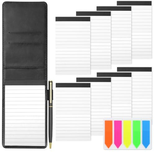 SHAIDOJIO Notizbuch Klein A7 Set 11PCS, Mini Notizbuch Halter mit 8PCS Ersatz Notizblöcke Liniert, Notizblock A7 Schwarzer Einband PU Leder, Taschennotizblock mit 1PCS Metall Stift und 1PCS Index Tag