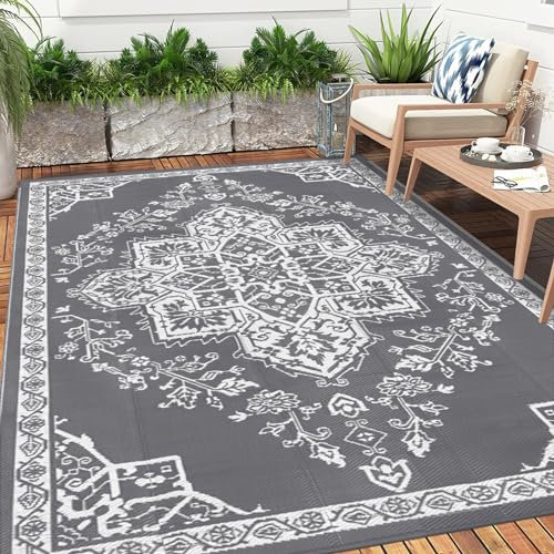 Enyhom Groß Outdoor Picknickdecke, Tragbar Leichtgewicht Balkonteppich Wendbar Recycelter Kunststoff Teppich Wasserabweisend RV Camping Außenteppich für Terrasse Garten (Grau, 180 x 270 cm)