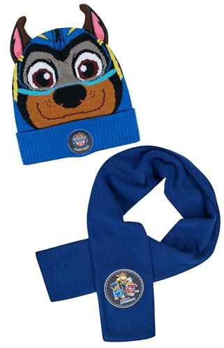 Paw Patrol Chase Jungen Kinder Winter-Set Beanie Winter-Mütze mit Ohren + Schal