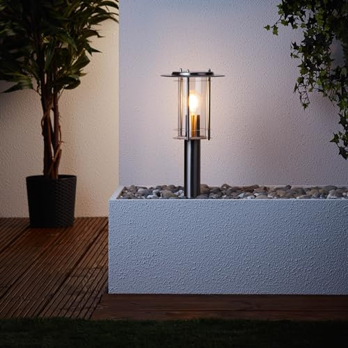 Lightbox moderne Außen Sockellampe - 40 cm Höhe, Ø 20 cm - Outdoor Wegeleuchte mit Regenschutz aus transparentem Kunststoff - IP44 - E27, max. 40 W - aus Edelstahl/Kunststoff - in Edelstahl
