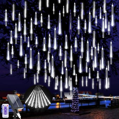 LED Solar Fallende Weihnachtsbeleuchtung, 240 LEDs Meteorschauer Regen Beleuchtung Schneefall Lichter, 10 Röhren 30cm Wasserdichte Weihnachten Lichter für Xmas Baum Hochzeit Dekoration (Weiß)