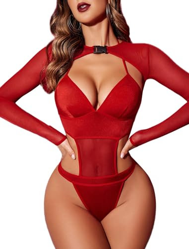 Avidlove Women Sexy Body Lingerie Set Deep V Neck Bodysuit Teddy Tulle Long Sleeve Chic Bustier Top Naughty Sleepwear Underwear Nightwear Red XL